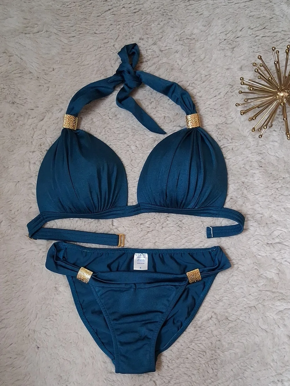 Venus Teal Blue And Gold Goddess Enhancer PushUp Bikini Set Top DD- Bottom Small - Picture 10 of 16
